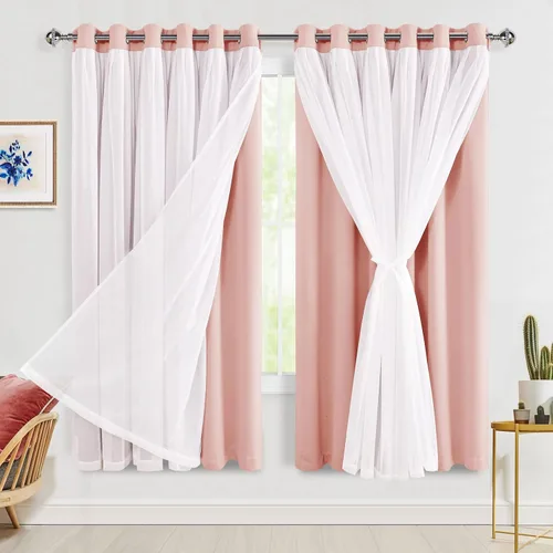 Miniatura 79 de Hiasan Cortinas opacas con superposición transparente, aislamiento térmico para mezclar y combinar de doble capa, cortinas de oscurecimiento de Beige