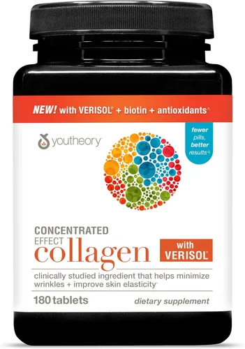 Youtheory Colágeno de efecto concentrado con verisol, péptidos de colágeno con vitaminas C y B, apoya el cabello, las uñas, los huesos y las