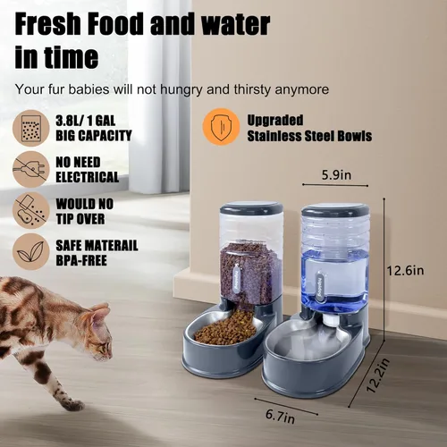 Miniatura 2 de Comedero automático de acero inoxidable para mascotas pequeñas y medianas alimentador automático de alimentos y bebedero de acero inoxidable de 3.8