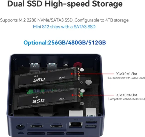 Miniatura 5 de Beelink Mini PC Mini S12 Intel 12th Lake N95(hasta 3.4 GHz, 4C/4T), Mini computadora 8 GB DDR4 480 GB SSD, PC de escritorio compatible con pantallas