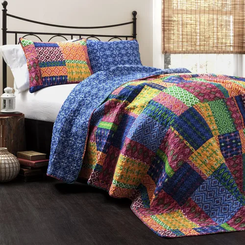 Lush Decor Misha - Juego de edredón reversible de algodón de 3 piezas, color fucsia y azul marino, juego de ropa de cama King, colcha de retazos