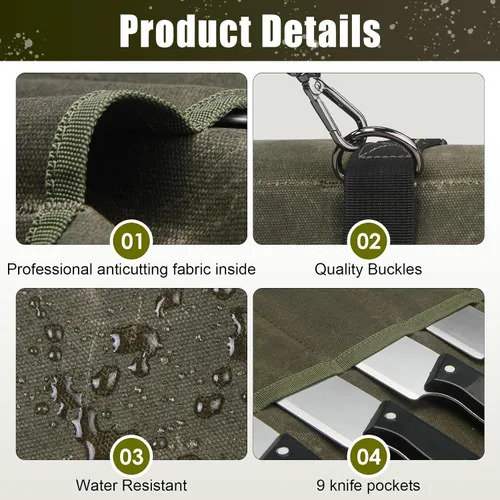 Miniatura 3 de Bolsa enrollable para cuchillos de chef, estuche de viaje para cuchillos de lona encerada, soporte de almacenamiento profesional resistente con 10