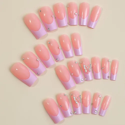 Miniatura 2 de Puntas de Uñas Francesas Rosadas Bailarina Uñas Postizas Largas Cuadradas de Presión Cobertura Completa Uñas Postizas Acrílicas de Mariposa