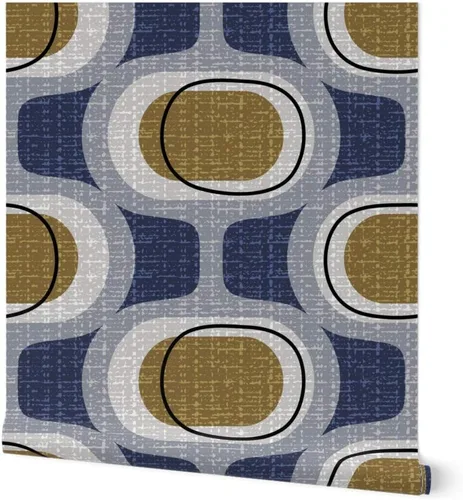 Spoonflower Muestro de papel tapiz extraíble - mediados de siglo mediados de siglo moderno 70S 60S círculos retro orbes azul marino papel pintado
