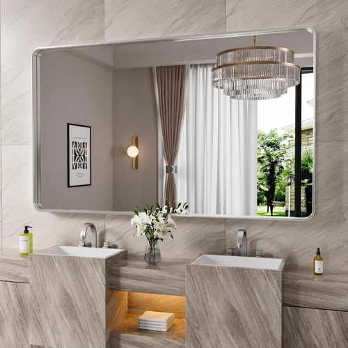 Miniatura 9 de JISOSO - Espejo de baño de 24x36 pulgadas con marco de metal cepillado color níquel, espejo con marco de metal cepillado plateado para pared, espejo