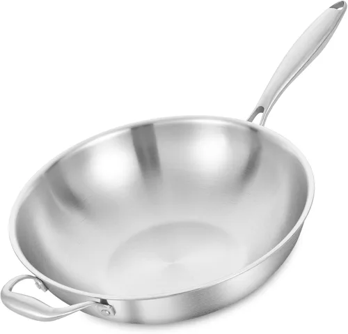 LOLYKITCH Sartén Wok de Acero Inoxidable de Tres Capas de 14.5 Pulgadas, Sartén para Saltear, Sartén de Cocina de Chef por Inducción, Apta para