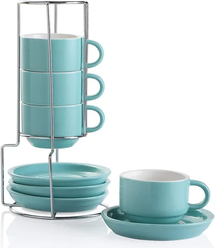 Sweejar - Tazas de café de porcelana con platillos, tazas de capuchino apilables de 4 onzas con soporte de metal para bebidas de café, café con