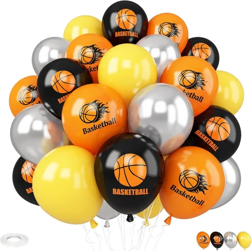 Globos de baloncesto, 30 globos de látex impresos de 12 pulgadas, naranja, negro, plateado metálico y baloncesto para fiestas temáticas deportivas,