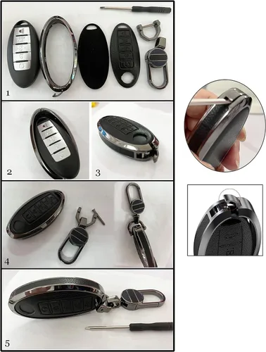 Miniatura 4 de ontto Funda para llave de coche para llavero Nissan, funda de 5 botones con llavero de cuero Keychian, carcasa de metal para Livina NV200 Tiida Negro