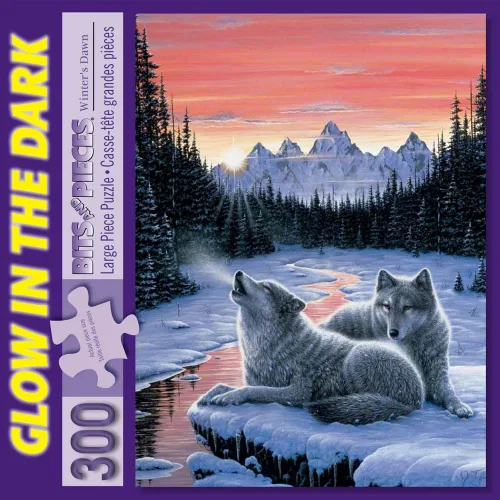 Miniatura 2 de Bits and Pieces - Rompecabezas de 300 piezas grandes que brillan en la oscuridad para adultos - Amanecer de invierno, invierno nevado, lobo - por
