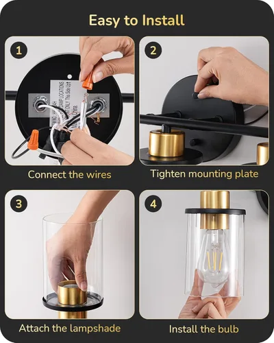 Miniatura 7 de EDISHINE Lámparas de baño, 3 luces de tocador de baño sobre el espejo, lámpara moderna de pared de baño con pantalla de vidrio transparente