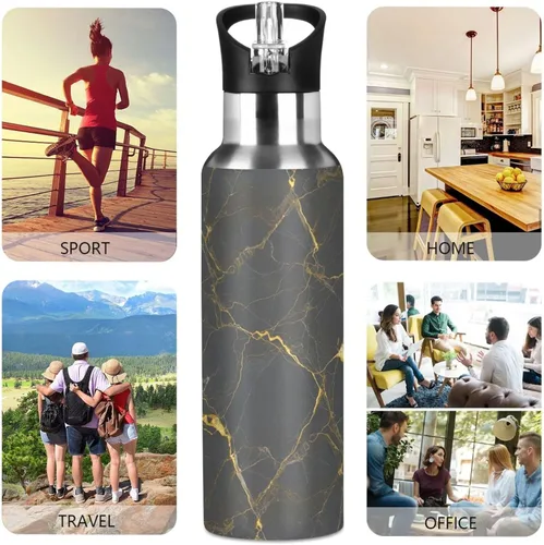 Miniatura 5 de Gray Marble Gold Yellow Insulated Water Bottle 32 Oz, BPA-Free Sports Water Bottle with Straw Leakproof Water Bottles