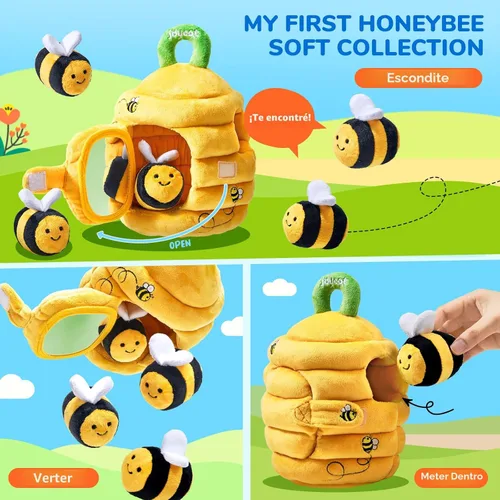 Miniatura 4 de JoyCat Juguetes para Bebés de 6-12 Meses - Colmena Suave para Bebé con 5 Abejas Sensoriales - Sonajero, Papel Crujiente, Silbato, Espejo, Juguetes