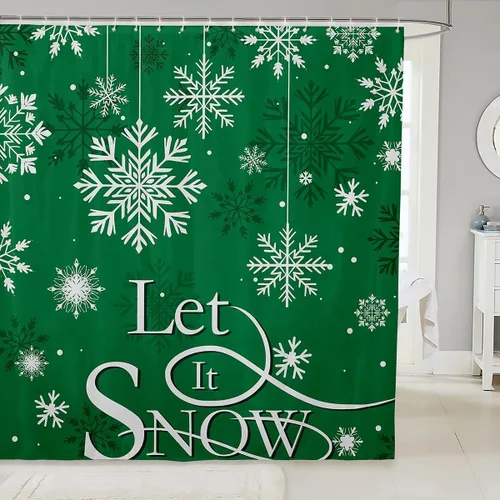 Miniatura 20 de Homewish Cortina de ducha de árbol de Navidad, juego de cortina de ducha de baño con diseño de copo de nieve dorado para niños y adultos, cortina