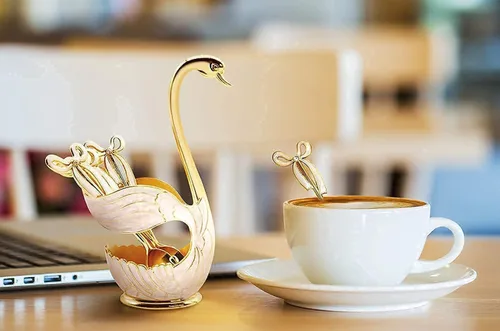 Miniatura 2 de Flylin Juego de cucharas de postre de café, soporte con base de cisne con 6 cucharas de helado, cucharaditas de café, postre y azúcar, cubiertos