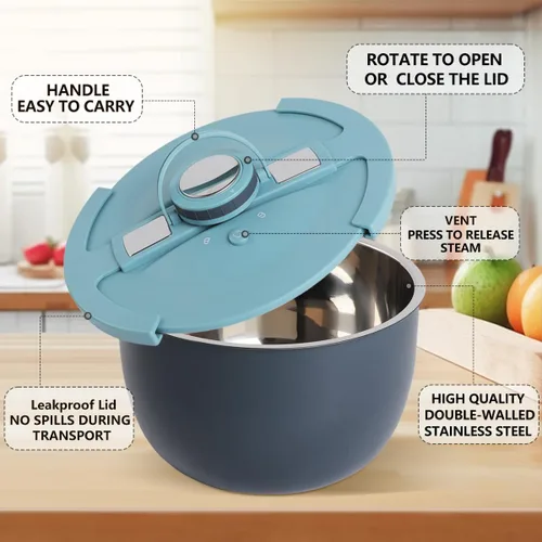 Miniatura 2 de Tazón de servir aislado de acero inoxidable de doble pared con tapa a prueba de fugas - Plato de cacerola aislado - Mantiene la comida caliente