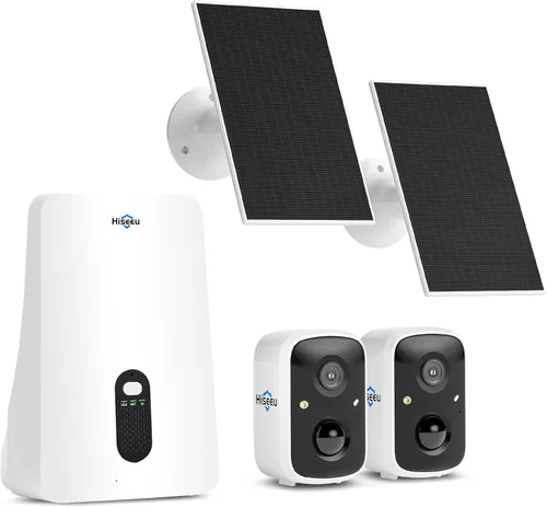 Hiseeu Cámaras de seguridad inalámbricas para exteriores, kit de 2 cámaras, ampliable a 10CH, sin tarifa mensual, alimentado por energía solar, Kit