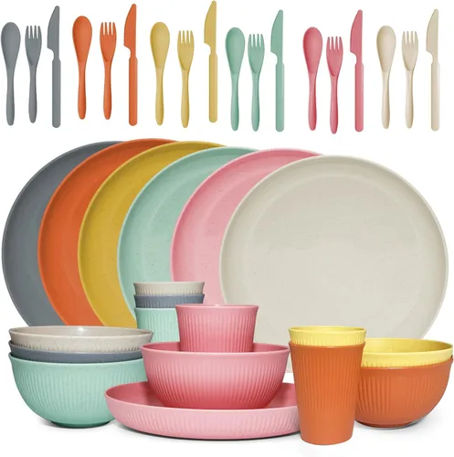 Miniatura 10 de Juego de vajilla de paja de trigo -DAPIPIK 42 piezas de vajilla irrompible para 6, juego de platos y cuencos para la cocina, juego de platos, tazas