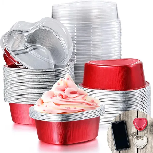 Miniatura 3 de Patelai 80 juegos de moldes para pasteles en forma de corazón con tapas, mini sartén de papel de aluminio de 1.9 fl oz/1.86 onzas líquidas/1.86
