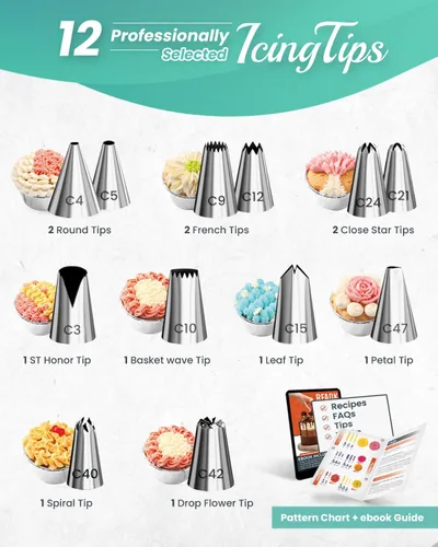 Miniatura 3 de RFAQK Kit de 72 suministros de decoración de pasteles para principiantes, tocadiscos para pasteles con 50 bolsas de tubería, acoplador de bolsas, 12