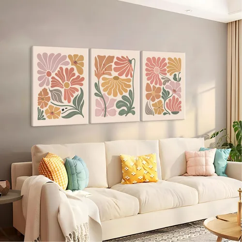 Miniatura 3 de TBKHUDBI Lienzo de flores bohemias para pared, impresiones florales abstractas, juego de 3 pósteres minimalistas de pintura botánica, mercado