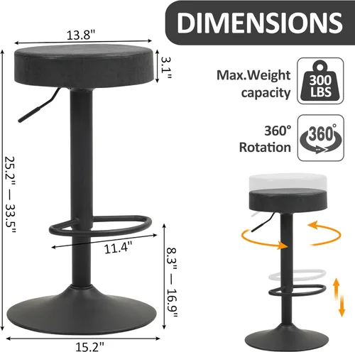 Miniatura 3 de Finnhomy Juego de 2 taburetes de bar de altura de mostrador, taburetes de bar giratorios con reposapiés y espalda descubierta, taburetes de bar Negro