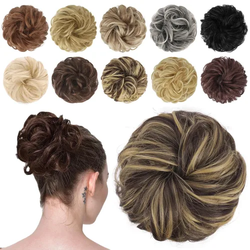 Miniatura 47 de FESHFEN Pieza de Cabello de Moño Desordenado - Extensiones Elásticas Onduladas Rizadas de Moño Scrunchies Sintético Chignon Postizos para Mujeres
