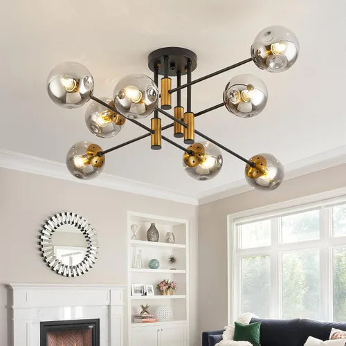 Miniatura 17 de DDLLDESHI Lámpara de araña de 6 luces dorada con cubierta esférica de vidrio Sputnik, lámpara de techo de 34" de gran tamaño para comedor, lámparas