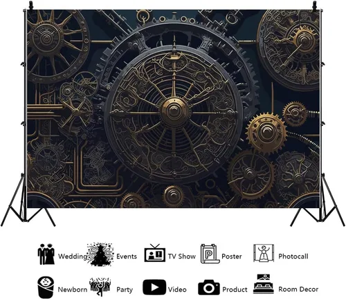 Miniatura 3 de YongFoto Telón de fondo antiguo steampunk de 5 x 3 pies, relojes de metal retro, esfera industrial mecánica para fotografía, telón de fondo