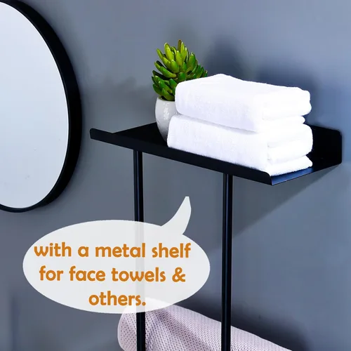 Miniatura 6 de Toallero de metal para colgar en la pared del baño, toallero de baño negro para almacenamiento de toallas de baño con ganchos para colgar y estante