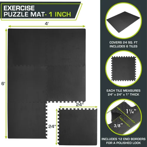 Miniatura 2 de ProsourceFit - Tapete de ejercicio extra grueso, azulejos entrelazados de espuma EVA para protección, suelo de entrenamiento acolchado, negro, 1