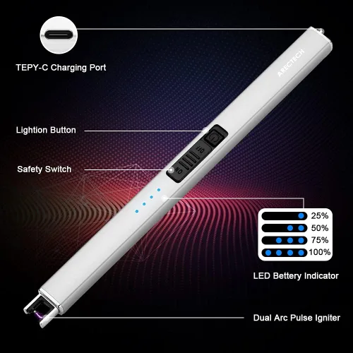 Miniatura 3 de ARECTECH Encendedor de velas eléctrico con cable tipo C, regalo de cumpleaños para hombres, mujeres, esposa, encendedores de arco de plasma Plateado