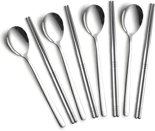 Miniatura 3 de Juego de 4 palillos y cucharas coreanas, juego de metal de acero inoxidable, juego de mango largo plano reutilizable para el hogar, cocina