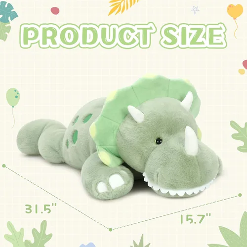 Miniatura 6 de Tezituor Animales de peluche de dinosaurio de 5 libras, 32 pulgadas, gran relleno verde de dinosaurio triceratops, juguete que brilla