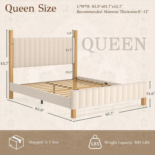 Miniatura 2 de Yechen Base de cama Queen con cabecero, marco de cama de madera con postes de madera maciza, no necesita somier, lino beige Sábanas beige