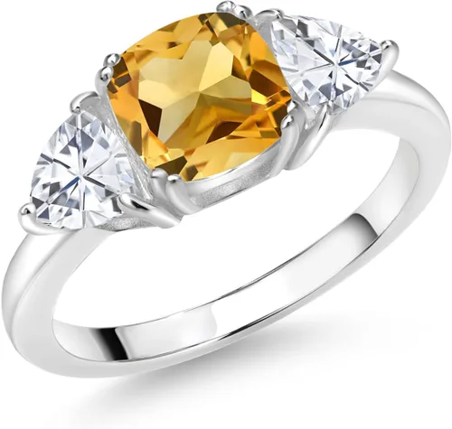 Miniatura 4 de 925 Sterling Silver Gemstone Birthstone and White Moissanite 3-Stone Engagement Ring for Women 7MM Cushion and 5MM Trillion Accents Three Stone