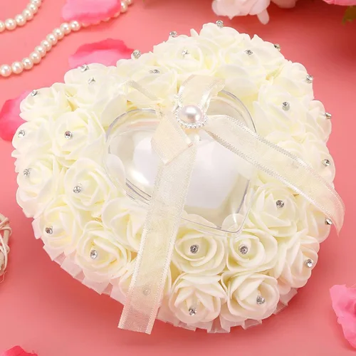 Miniatura 2 de GOTOTOP Almohada de boda, romántica de encaje de cristal rosa de boda en forma de corazón, cojín con cinta perla ceremonia de boda (blanco lechoso)