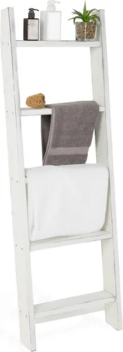 MyGift Escalera grande de madera encalada para manta, estilo granja, toallero inclinado de pared con 5 peldaños (blanco vintage)