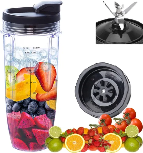 Miniatura 8 de Cuchilla macho de repuesto de 7 aletas y vaso de licuadora de 24 onzas con tapa compatible con Nutri Ninja Blender