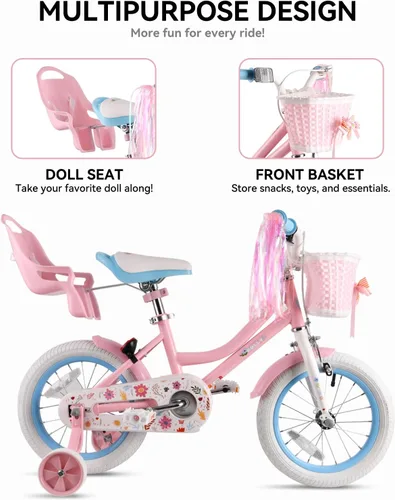 Miniatura 2 de RULLY 12 14 16 Inch Girls Bike for 2-7 Year Olds, Daisy Kids Bicycle with Training Wheels, Basket & Doll Seat, Retro Toddler Bike with Coaster