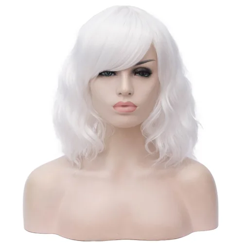 Miniatura 31 de BUFASHION Peluca rizada corta ondulada de 14 pulgadas para mujer, peluca sintética para cosplay, Halloween, peluca con flequillo lateral (negro)