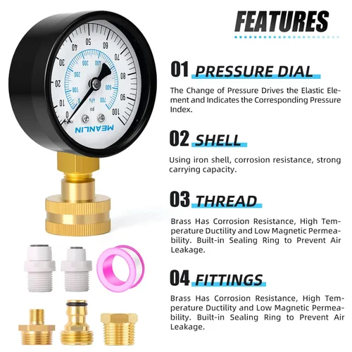 Miniatura 5 de MEANLIN MEASURE Kit de presión de agua hembra de 0 ~ 100 psi, 3/4 pulgadas más 5 adaptadores, dial de cara de 2.5 pulgadas, kit de manómetro