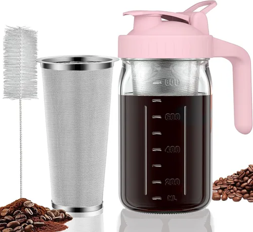 Miniatura 9 de JunVpic Tarro para cafetera fría – Tapa multiusos de vidrio grueso de 64 onzas con asa y filtro de acero inoxidable para café helado, limonada, té