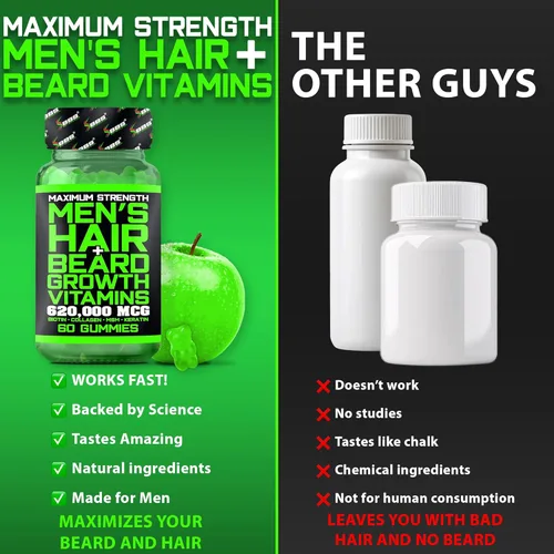 Miniatura 4 de Best Beard Stuff - Vitaminas para el crecimiento de la barba, gomitas de biotina para el crecimiento de la barba y el cabello, máxima fuerza