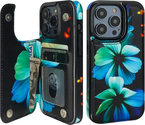 Miniatura 10 de HAOPINSH Funda tipo cartera para iPhone 14 Pro con tarjetero, patrón de flores pálidas en la parte trasera, de piel sintética, con ranuras para Flor