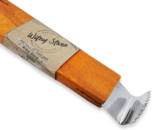 Miniatura 5 de WitnyStore Herramienta de cocina de 6¾ pulgadas con mango de madera de acero inoxidable, trituradora de coco, 2 cuchillas, estilo tradicional