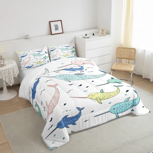 Miniatura 5 de Erosebridal Narwhal - Juego de edredón de ballena oceánica, edredón de plumón náutico costero para niños y niñas, vida marina, animales de dibujos