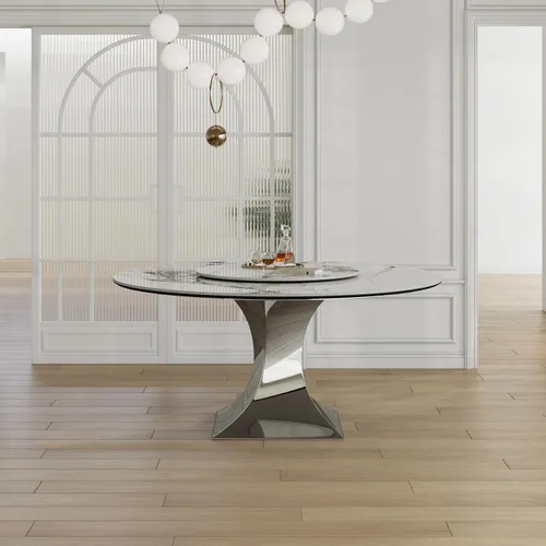 Mesa de comedor redonda, mesa de comedor de piedra sinterizada blanca, base moderna de acero inoxidable sólido (blanco y negro, mesa única de 59