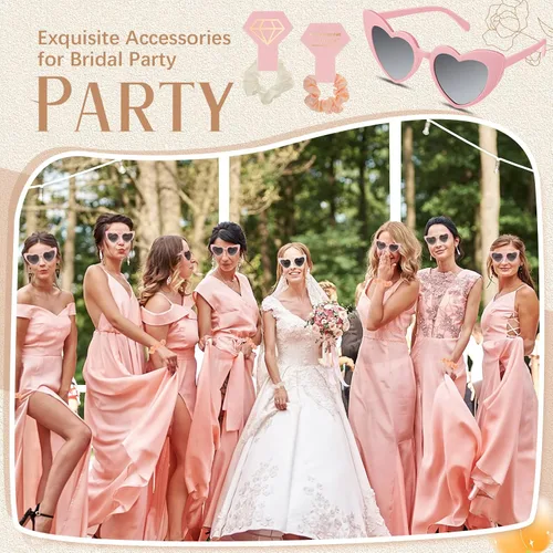 Miniatura 7 de Juego de 24 propuestas de regalo para dama de honor, 12 gafas de sol en forma de corazón, 12 coleteros de satén para el pelo para novia, boda