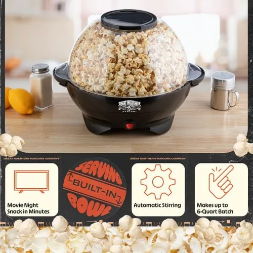 Miniatura 3 de Máquina eléctrica de palomitas de maíz de 800 W, capacidad de 6 cuartos de galón, agitador integrado y cuenco para servir (negro)